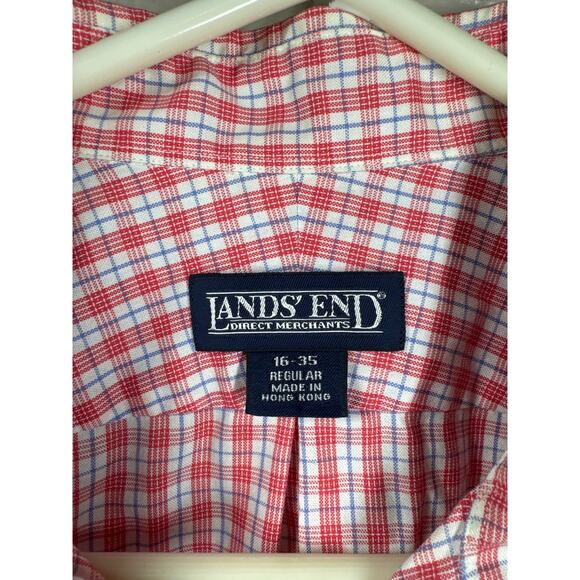 Lands'‎ End Mens Long Sleeve Dress Shirt White Red Plaid Cotton Size 16-35 - Picture 3 of 4